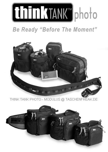 THINK TANK PHOTO - MODULUS\n\nFOTO VON ISARFOTO & THINK TANK PHOTO - VIELEN DANK!\n\nKommentar des Herstellers:\n\nModulus Set\n\nThis lightweight modular system allows you to configure your gear on the Pro Speed Belt exactly the way you want it to be organized, and you can rotate the components on the waistbelt. This 6-piece system is designed for an SLR user with 2 to 3 lenses and a flash.