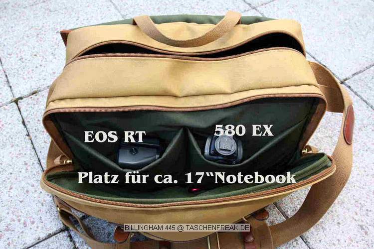 BILLINGHAM 445\n\nFoto und Text von Michael Mecke - VIELEN DANK!\n\nKommentar:\n\nHallo Jörg,\n\nich wollte mal wieder was schicken was noch nicht so oft vertreten ist\n\nDieses Modell der Billingham 445 Tasche aus England ist schon etwas für die größere Ausrüstung. Da geht schon eine sehr umfangreiche Ausüstung mit Zubehör hinein. Billingham typisch ist die hervorragende Verarbeitung und Materialien die einfach unkaputtbar sind! \n\nSehr praktisch ist auch hier der doppelte Tragegriff der einmal innen, einmal außen vorhanden ist. So kann man auch bei offenem Überwurfdeckel die Tasche am Handgriff tragen. Das Shoulder Pad ist auf der unteren Seite aus Neopren, auf der Oberen aus Leder und serienmäßig vorhanden. Das System die Reißverschlüsse zu verstauen damit sie nicht an der wertvollen Ausrüstung Kratzer hinterlassen nennt sich TUK TOP. Man sieht es bei der offenen Tasche.\n\nDie Vorteile einer Billingham Tasche merkt man erst richtig wenn man sie trägt. Z.B. die 3-Punkt Aufhängung des Schultergurtes sorgt dafür das die Tasche sehr ruhig hängt und nicht so stark schaukelt beim Zugriff wie bei fast allen Taschen wo der Tragegurt an einem D-Ring mit Karabiner baumelt.\n\nVorteil:\n- Materialien\n- Verarbeitung\n- Dezentes Aussehen, fällt nicht jedem als Fototasche auf\n\nNachteil:\n- Der Preis\n \nMit freundlichen Grüßen\n\nM.Mecke