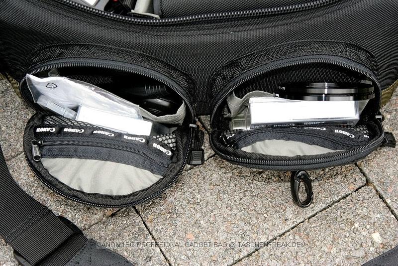 CANON 1EG PROFESSIONAL GADGET BAG\n\nFoto von Sascha Drmer - VIELEN DANK!\n\nKommentar des Nutzers:\n\nHallo Jrg,\n \nhab gesehen das in Deiner Datenbank noch der "Canon 1EG Professional Gadget Bag" fehlt. Daher hier mal ein paar Bilder und Infos fr taschenfreak.de\n \nZu Bild 1\n \nCanon 1EG Professional Gadget Bag\n \nAbmessung ca.: 36 x 22 x 21 cm (Lnge x Hhe x Tiefe)\nWasserabweisendes Nylon\nindividuelle Trennwnde\nmit Vorder- und Seitentaschen\n \nZu Bild 3\n \nFolgendes passt in den Canon 1EG Professional Gadget Bag\n1DMarkIII\n17-35 f/2,8\n50 f/1,4\n85 f/1,8\n70-200 f/2,8\n580 EX\nCP-E3\nExtender 1,4 & 2\nST-E2\nErsatzkaus fr Blitz und Kamera\nPolfilter\nkleine Box fr Visitankarten und CF-Karten sowie weiteres Kleinkram\n \n \nZu Bild 4\n \nunterhalb der Kamera habe ich den Extender 1,4 und den ST-E2 drber kommt dann eine Trennung bevor die Kamera draufgelegt wird.\n \nZu Bild 5\n \nber das 70-200 f/2,8 kommt der 580EX\n \nZu Bild 6\n \nin den vorderen Taschen habe ich jeweils einen Polfilter, Step-Downringe... Weitere Kleinkram passt in die beiden Taschen im Deckel (Notisbuch, Kabelauslser, Cardreader etc. siehe Bild 2).\n \nZu Bild 7\n \nIn der rechten Seitentasche habe ich den Extender zweifach sowie keine kleine Box fr CF-Karten und Visitenkarten\n \nZu Bild 8\n \nin der linken Tasche sind die Ersatzakkus fr den Blitz bzw. CP-E3 und der Ersatzakku fr die Kamera.\n \nZu Bild 9\n \nIm Reisverschlu auf der Rckseite finden Bedienungsanleitungen etc. platz.\n \nZu Bild 10\n \nDie Reisverschlsse sind durch berlappung abgedeckt, somit auch vor Spritzwasser geschtzt.\n\nSascha Drmer\nFotograf fr die Peiner Allgemeine Zeitung