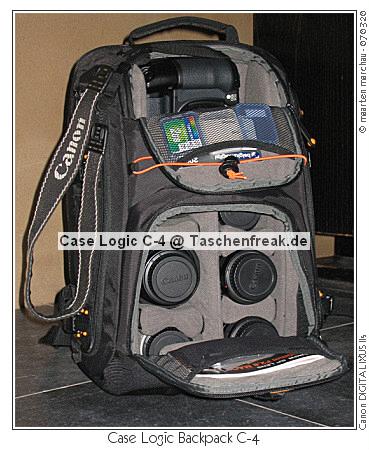 CaseLogic C4 - Back Pack\n\nFoto von Maarten Marchau - MANY THANKS TO BELGIUM!\n\nKommentar des Nutzers (Leider nur auf Belgisch):\n\ndeze middag van musse mijn nieuwe CaseLogic BackPack\nmogen ontvangen. natuurlijk was ik uiterst benieuwd of ik\ner alles zou in krijgen, dus meteen als ik thuiskwam vanavond\nde test gedaan. en ja hoor, alles zit er in\n\nen wat dan wel allemaal?\n\nen ik moet zeggen dat alles stevig zit, ik niet echt moet wringen\nom alles op z'n plaats te steken, maar er zal ook niks zomaar\nuitvallen. bv de 10D met grip zit goed, knelt nergens, maar het\nvraagt een kleine behendigheid om ze er ook zonder wringen in\nte "kantelen".\n\nhet materiaal dat er nu in zit gaat eigenlijk nooit allemaal mee.\nzo gebruik ik beide zooms (28-80 en 100-300) uiterst zelden.\nde 2.0 extender is ook maar tegen de volgende aankoop: een\n400f5.6 die dan mooi aan de zijkant kan worden bevestigd.\nook de laptop heb ik nog niet, maar er is ruim voldoende plaats.\nmocht je je afvragen of er nog wel ander gerief mee kan, hier\nnog een toemaatje:\n\nhoe hij zich in het veld gaat gedragen zal ik nog moeten uittesten,\nmaar voor zover ik ze al gedragen heb valt dat wel mee. enkel een\nborst-riem lijkt me te ontbreken, maar daar vind ik wel wat op .\n\nmoesten er nog mensen twijfelen, dan kunnen ze me\naltijd een berichtje sturen \n\n(Taschenfreak bernimmt keine Haftung und Gewhr fr den Textinhalt - da wir kein Belgisch knnen ...)