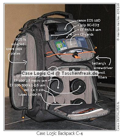 CaseLogic C4 - Back Pack\n\nFoto von Maarten Marchau - MANY THANKS TO BELGIUM!\n\nKommentar des Nutzers (Leider nur auf Belgisch):\n\ndeze middag van musse mijn nieuwe CaseLogic BackPack\nmogen ontvangen. natuurlijk was ik uiterst benieuwd of ik\ner alles zou in krijgen, dus meteen als ik thuiskwam vanavond\nde test gedaan. en ja hoor, alles zit er in\n\nen wat dan wel allemaal?\n\nen ik moet zeggen dat alles stevig zit, ik niet echt moet wringen\nom alles op z'n plaats te steken, maar er zal ook niks zomaar\nuitvallen. bv de 10D met grip zit goed, knelt nergens, maar het\nvraagt een kleine behendigheid om ze er ook zonder wringen in\nte "kantelen".\n\nhet materiaal dat er nu in zit gaat eigenlijk nooit allemaal mee.\nzo gebruik ik beide zooms (28-80 en 100-300) uiterst zelden.\nde 2.0 extender is ook maar tegen de volgende aankoop: een\n400f5.6 die dan mooi aan de zijkant kan worden bevestigd.\nook de laptop heb ik nog niet, maar er is ruim voldoende plaats.\nmocht je je afvragen of er nog wel ander gerief mee kan, hier\nnog een toemaatje:\n\nhoe hij zich in het veld gaat gedragen zal ik nog moeten uittesten,\nmaar voor zover ik ze al gedragen heb valt dat wel mee. enkel een\nborst-riem lijkt me te ontbreken, maar daar vind ik wel wat op .\n\nmoesten er nog mensen twijfelen, dan kunnen ze me\naltijd een berichtje sturen \n\n(Taschenfreak bernimmt keine Haftung und Gewhr fr den Textinhalt - da wir kein Belgisch knnen ...)