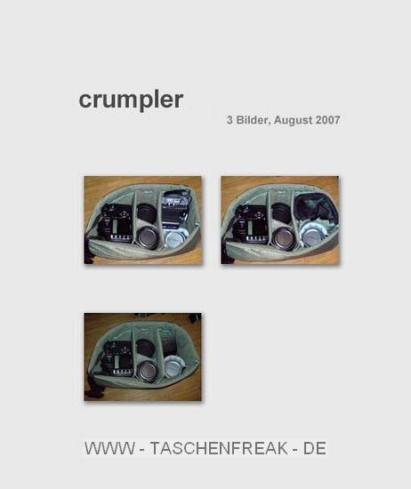 CRUMPLER THE CHAMP\n\nFoto von Michael Schwindling - VIELEN DANK FR DEIN MAIL!\n\nKommentar des Nutzers:\n\nEinige Bilder, wie ich sie fr einen Thread im DSLR-forum machte...\n\nZu sehen der Champ, EOS 350D, 4 Linsen, Blitz, Camcorder, Zubehrsckchen...\n\n\nViele Gre, Michael