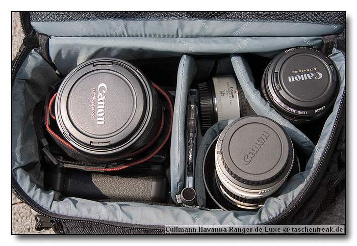 Foto des Fotorucksack "Havanna Ranger de Luxe" von Cullmann von Sascha Drmer - DANKE DAFR !\n\nKommentar des Nutzers:\n\nDie Luxusausfhrung eines Zweikammer-Leichtrucksacks. Das untere Fach mit variablen Klett-Teilern ist fr die umfangreiche Foto- und Videoausrstung geeignet. Der Stauraum oben lt Platz fr die notwendigen Utensilien eines Tagesausfluges. Durch ein raffiniertes Reiverschlusystem kann der RANGER DE LUXE in der Mitte geffnet und das Oberteil nach hinten gekippt werden. Komfortables Tragesystem mit lngenverstellbaren Rcken- und Beckengurt, zwei Vortaschen und seitlichen Halterungen fr Stative, Getrnkebehlter o..\nInnenmae\n(B/H/T) 315/260/160 mm\n\nGewicht\n735 g