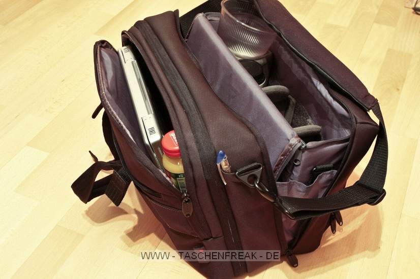 DELSEY COMPUTERCASE 16\n\nFoto und Kommentar von einem netten User der Anonym bleiben mchte - VIELEN DANK!\n\nKommentar:\n\nHallo Jrg\n\nDeine Seite ist super! Deshalb hier mein Beitrag (Bitte meinen Namen nicht erwhnen):\n\nDelsey Computercase 16 bzw. Briefcase 16 ist eine gerumige, elegante, robuste, hochwertig verarbeitete, gut gepolsterte, preiswerte Fototasche mit viel Platz fr Laptop (abgebildet ist ein 12"  Powerbook), Bibel, Graukarte, Ordner, Schlafanzug, Zahnbrste, ....  \n\nDie Kamera (Canon 40D) mit Objektiv (17-40) hat natrlich auch noch Platz, aber irgendwie musste ich ja die Fotos machen! Zur Illustration habe ich bei einem Foto ein altes EOS-5 Gehuse draufgelegt. Der Blitz lsst sich sogar mit aufgesetztem Gary Fong Diffusor verstauen. Auch grssere Objektive haben gut Platz.\n\nDie Tasche ist Ideal fr Konzerte, Konferenzen, Seminare, Hochzeiten, Veranstaltungen, Familienfeiern.\n\nObwohl der Tragriemen sehr gut gepolstert ist, bevorzuge ich fr Reisen einen Rucksack mit einem guten Tragsystem (ACS Fotopack von Jack Wolfskin). Das ist fr weite Strecken bequemer.\n\nGrsse