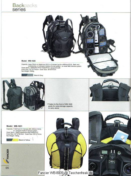 Fancier WB-8009 (China-Ware)\n\nFoto von Thomas Brocher - VIELEN DANK!\n\nKommentar des Nutzers:\n\nanbei ein paar Bilder meiner Tasche von den Chinesen bei der Photokina. In Deinem Thread zu den Photokina-Taschen batest Du um Fotos. Allerdings glaube ich fast, dass ich der einzige Deutsche bin mit dieser Tasche, sie hatten sie nur 1x.\n \nMein Eindruck davon ist absolut positiv. Die Verarbeitung macht einen soliden Eindruck. Die Reisverschlsse laufen sauber durch, die Verbindungen sind sicher vernht und der Tragegurt an Metallsen eingehangen.\n \nHinzu kommt der schne NON-Fototaschenlook.\n \nAn der Vordertasche kann ich locker den 430EX mit Fernauslser unterbringen, vielleicht sogar noch zustzlich einen Akkublock. Die Rckseite bietet ein dnnes Seitenfach, passend fr eine Zeitschrift oder Anleitung. Im Innenfach, wie im Thread dforum beschrieben, meine 1DMKIIN mit angesetztem 24-85 und Geli in "Schussrichtung". Daneben das 100-400 mit umgedrehter Geli und montierter Stativschelle. Innen an den Seiten entlang wrden schmale Kleinigkeiten wie Filter passen.
