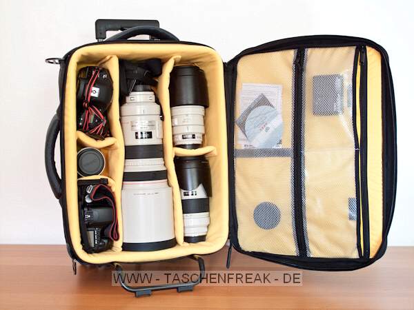 KATA OC-84\n\nFoto und Kommentar von einem netten User der Anonym bleiben m�chte - VIELEN DANK!\n\nKommentar:\n\nKata OC-84 im Trolley mit zwei Geh�usen, zusammengesteckten Konvertern, einem Canon EF 300/2.8 mit Gegenlichtblende in "Einsatzrichtung", Canon EF 70-200/2.8 und Canon EF 100-400.