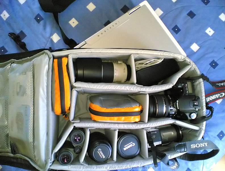 Lowepro Compu Trekker Plus AW\n\nFoto von Timo - DANKE DAFR!\n\nKommentar des Nutzers:\n\nZum Inhalt:\n\nCanon EOS 30D\nCanon 70-200 f/4 L\nCanon 100 2,8\nCanon 85-17\nCanon 10-22 \nCanon BG-E2\nCanon 430EX\nManfrotto 680B\nSony DSC-F707\nSwarowski 8x30\nDell 17" Notebook