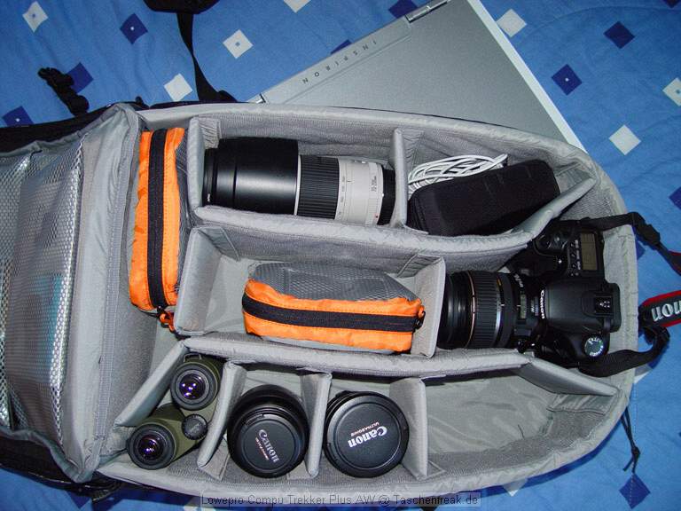 Lowepro Compu Trekker Plus AW\n\nFoto von Timo - DANKE DAFR!\n\nKommentar des Nutzers:\n\nZum Inhalt:\n\nCanon EOS 30D\nCanon 70-200 f/4 L\nCanon 100 2,8\nCanon 85-17\nCanon 10-22 \nCanon BG-E2\nCanon 430EX\nManfrotto 680B\nSony DSC-F707\nSwarowski 8x30\nDell 17" Notebook