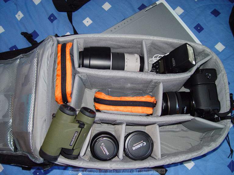 Lowepro Compu Trekker Plus AW\n\nFoto von Timo - DANKE DAFR!\n\nKommentar des Nutzers:\n\nZum Inhalt:\n\nCanon EOS 30D\nCanon 70-200 f/4 L\nCanon 100 2,8\nCanon 85-17\nCanon 10-22 \nCanon BG-E2\nCanon 430EX\nManfrotto 680B\nSony DSC-F707\nSwarowski 8x30\nDell 17" Notebook