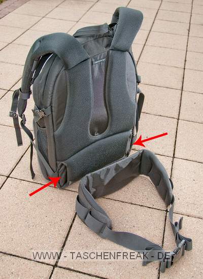 LOWEPRO COMPU ROVER AW\n\nFoto und Kommentar von Tobias Strang - VIELEN DANK!\n\nKommentar:\n\nDer Taillengurt ist abnehmbar. Er wird durch den markierten Tunnel geschoben und ist durch vier Klettverschl�sse befestigt. \n\nDer Rucksack l�sst sich auch sehr gut ohne den Taillengurt tragen