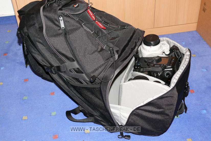 Lowepro Compu Rover AW\n\nFoto von Jrg Langer (www.taschenfreak.de)\n\nKommentar des Nutzers:\n\nDer Compu Rover lste bei uns den Compu Trekker AW ab. Das Innenvolumen ist recht hnlich und die Ausrstung passt gut hinein. Auch das Notebookfach ist extrem gro und hochwertig geschtzt.\n\nWir haben in diesem Beispiel "geladen":\nCanon 5D mit angesetztem 24-70 2.8L\nCanon 17-40\nCanon 70-200 4.0L mit Stativschelle\nCanon 300 4.0L IS mit Stativschelle\nCanon 50 1,8I\nCanon 580 EX\nKenko Pro 1,4TC\n\nAkkus, Akkus fr Blitz, Gorillapod SLR Zoom, Blasebalg, Filtermappe und ggf. Butterbrot und Trinken im Daypack oben.\n\nIn den beiden kleinen Frontaschen geht gut Handy oder PDA und Geldbrse rein.\n\nStativhaltrung ist ausklappbar und trgt auch ein relativ groes Gitzo G1348 recht gut.\n\nDas Tragesystem ist extrem gut und trotz des hohen Gewichts macht es Freude den Rucksacklange zu tragen. Und das auch als groer und "breiter" Nutzer wo andere Fotoruckscke schon zwicken und kneifen.