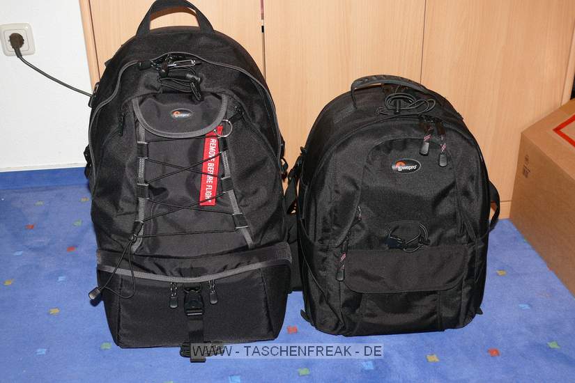 Lowepro Compu Rover AW\n\nFoto von J�rg Langer (www.taschenfreak.de)\n\nKommentar des Nutzers:\n\nDer Compu Rover l�ste bei uns den Compu Trekker AW ab. Das Innenvolumen ist recht �hnlich und die Ausr�stung passt gut hinein. Auch das Notebookfach ist extrem gro� und hochwertig gesch�tzt.\n\nWir haben in diesem Beispiel "geladen":\nCanon 5D mit angesetztem 24-70 2.8L\nCanon 17-40\nCanon 70-200 4.0L mit Stativschelle\nCanon 300 4.0L IS mit Stativschelle\nCanon 50 1,8I\nCanon 580 EX\nKenko Pro 1,4TC\n\nAkkus, Akkus f�r Blitz, Gorillapod SLR Zoom, Blasebalg, Filtermappe und ggf. Butterbrot und Trinken im Daypack oben.\n\nIn den beiden kleinen Frontaschen geht gut Handy oder PDA und Geldb�rse rein.\n\nStativhaltrung ist ausklappbar und tr�gt auch ein relativ gro�es Gitzo G1348 recht gut.\n\nDas Tragesystem ist extrem gut und trotz des hohen Gewichts macht es Freude den Rucksacklange zu tragen. Und das auch als gro�er und "breiter" Nutzer wo andere Fotorucks�cke schon zwicken und kneifen.
