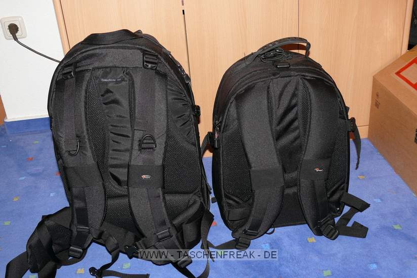 Lowepro Compu Rover AW\n\nFoto von Jrg Langer (www.taschenfreak.de)\n\nKommentar des Nutzers:\n\nDer Compu Rover lste bei uns den Compu Trekker AW ab. Das Innenvolumen ist recht hnlich und die Ausrstung passt gut hinein. Auch das Notebookfach ist extrem gro und hochwertig geschtzt.\n\nWir haben in diesem Beispiel "geladen":\nCanon 5D mit angesetztem 24-70 2.8L\nCanon 17-40\nCanon 70-200 4.0L mit Stativschelle\nCanon 300 4.0L IS mit Stativschelle\nCanon 50 1,8I\nCanon 580 EX\nKenko Pro 1,4TC\n\nAkkus, Akkus fr Blitz, Gorillapod SLR Zoom, Blasebalg, Filtermappe und ggf. Butterbrot und Trinken im Daypack oben.\n\nIn den beiden kleinen Frontaschen geht gut Handy oder PDA und Geldbrse rein.\n\nStativhaltrung ist ausklappbar und trgt auch ein relativ groes Gitzo G1348 recht gut.\n\nDas Tragesystem ist extrem gut und trotz des hohen Gewichts macht es Freude den Rucksacklange zu tragen. Und das auch als groer und "breiter" Nutzer wo andere Fotoruckscke schon zwicken und kneifen.