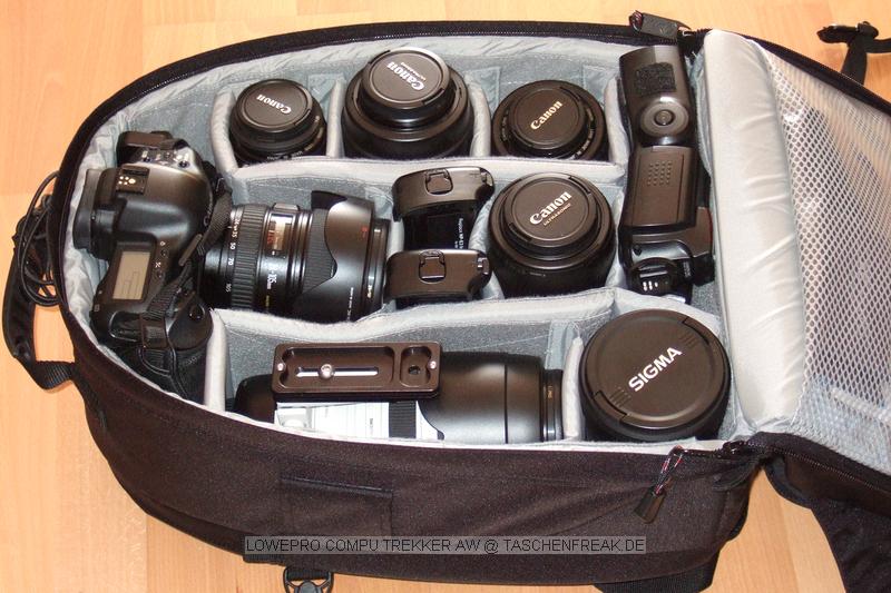 Foto von Jrg Langer\n\nKommentar des Nutzers:\n\nDieser Lowepro Compu Trekker ist eine angenehme Mischung aus Packesel und dennoch tragbarem und relativ kleinem Rucksack, den man auch ohne Diskussionen in nahezu jeder Fluggesellschaft mitnehmen kann.\n\nDas Notebookfach fasst laut Herstellerangabe die meisten 15,4" Notebooks. Fr 17" Notebooks solle man den Compu Trekker Plus AW whlen, der in Summe wesentlich grer aber auch wieder deutlich aufflliger ist.,\n\nWir haben in diesem LP CT AW reingepackt:\n\nInnenraum Hauptfach:\nCanon 1D mit RRS L Winkel und angesetztem Canon EF 24-105 L IS\nCanon 100-400 mit Geli und Stativschelle mit Kirk Wechselplatte\nCanon 100 2,8 USM Makro\nCanon 35 2.0 mit Geli (darunter Winkelsucher C)\nCanon 50 1,8 II (Geli liegt im 100-400er Fach) (darunter 8x AA Akkus)\nCanon 85 1,8 mit Geli\nSigma 12-24\nCanon 580 EX Blitz (darunter liegt der 430EX)\n2x Ersatzakku fr Canon 1D NP-E3\n\nIn den beiden oberen innentaschen des Deckels:\nJeweils 1x GEPE Card Safe mit jeweils 4x CF Cards\n\nIn den groen Deckelinnenfach:\nTimer Fernbedienung, Wasserwaage fr Blitzschuh, Leefolie fr beide Blitzgerte, 2 Putztcjer\n\nDeckelauenfach:\nLowepro Filtertasche\nLumiquest Pro Max Bouncer System\nGraukarte\nX-Drive 6230 im Peli Case\nCanon ST-E2\nMllscke\nLenspen