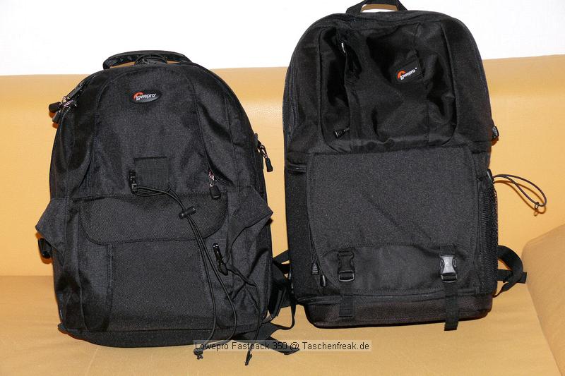 LOWEPRO FASTPACK 350\n\nFoto von Jrg Langer\n\nKommentar des Nutzers:\n\nDer Fastpack 350, der jetzt in der Vorweihnachtszeit (2007) ganz frisch die Bhne des Taschenmarktes betreten hat, macht auf den ersten Blick fr das Geld (zw. 75 und 110 Euro - je nach Hndler) einen sehr guten und brauchbaren Eindruck. Sehr viele kleine durchdachte Details.\n\nWirkt fast als ob der Think Tank Entwickler der frher bei Lowepro war wieder zurck ist bei Lowepro.\n\nAber die Verarbeitung und die Nhte der Think Tanks und Crumpler sind dennoch stabiler. \n\nDie Kombination aus schnellem Zugriff, 2er Rucksack und einem kleinen Daypack mit Notebookfach gabs bislang m.E. noch nicht so in dieser Form wie bei den Fastpacks von Lowepro.\n\nSlingshot 300 AW war sicher hier der Ideenliefernat zu diesem Modell. Der astpack 350 ist eine gute Mischung aus Slingshot 300 und Compu Trekker AW und Compu Rover AW.\n\nMan kann einen groen - bis 17 Zoll - Notebook direkt am Rcken tragen und doch etliches an Fotoequipemnt hineinbekommen, wie man auf den Bildern von mir ganz gut erkennen kann.\n\nDer Schnellzugrif funktioniert durch das eitenfach extrem gut. Das restliche Equipment ist durch den mit zwei Klickverschlssen gesicherten Deckel sehr gut fest in der Tasche und erst beim Absetzen des Fastpack zugng.ich. Die Slingshot Nutzer werden wissen was ich meine.\n\nDas Tragesystem ist dnner als beim Computrekker oder Rover System aber dennoch trotz der Last des eigenen Hobbys noch sehr bequem. Der Bauchgurt ist fest und nicht abnehmbar und (schade fr die XXXL Menschen) krzer als der des Compu Rover AW. Das Tragesystem ist auf beiden Schultern gut verteilt und damit dem Slingshot 300 AW gegenber ein enormer Vorteil.\n\nDie Details sind sehr durchdacht, wie die Handy und MP3 Player Tasche oben drauf, der Zubehrbeutel fr Netzteil und Maus und das ganze Notebookzubehr, welcher per Klett im Daypack oben fixiert werden kann.\n\nAuf einigen Bildern sehen Sie den direkten Vergleich zwischen Crumpler Pretty Boy Backpack XL und dem Lowepro Computrekker AW und dem hier beschreibenen Fastpack 350 von Lowepro.\n\nDer Fastpack bleibt beim Abstellen auf dem Boden auch aufrecht stehen und fllt nicht um, was seine beiden "Konkurenten" die wir hier im Vergleich haben udn sehen beide nicht tun. Leider hat der Fastpack 350 keine Fe zum abstellen, sondern steht direkt mit dem Stoff/Nylon auf dem Boden, was je nach Witterung nicht so angenehm ist. Aber das haben leider die wenigsten halbwegs vergleichbaren Rucksche nicht.\n\nEine Stativhalterung und eine AW Hllen hat der Fastpack 350 beides nicht.\n\nTaschenfreak-Fazit: Wer auf professionelle Verarbeitung (Think Tank), All Wetter Schutzhlle (teurere Lowepro Modelle) und dickere Polsterung (Crumpler) verzichten kann und will ist mit dem Fastpack sehr gut bedient.