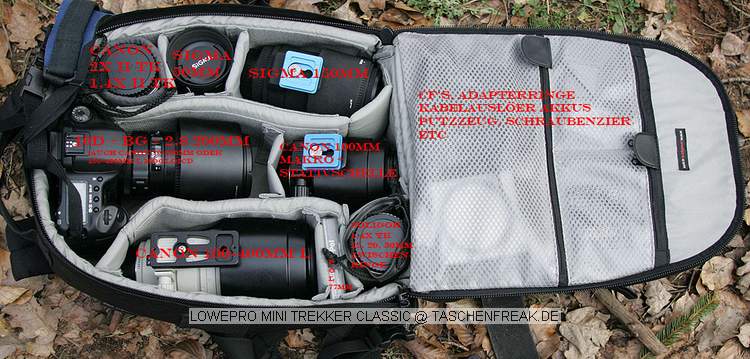 Lowepro Mini Trekker Classic\n\nFoto von Radomir Jakubowski - VIELEN DANK!\n\nKommentar des Nutzers:\n\nHier ein Bild vom minitrekker Classic von Radomir Jakubowski\nzu sehen ist im inneren:\n10d + BG mit angesetztem 2,8 200mm(+Schelle) (auch 2,8 70-200mm oder 100-400mm mglich)\nCanon 100-400mm L IS (+Schelle)\nSigma 2,8 150mm Makro (+Schelle)\nCanon 2,8 100mm Makro USM  (+Schelle)\nSigma 2,8 50mm Makro\nCanon Extender 1,4x II\nCanon Extender 2x II\nSoligor PRO 1,4x\nKenko Zwischenringe 12 20 36mm\nGru \nRadomir