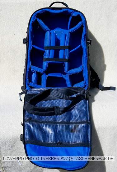 LOWEPRO PHOTO TREKKER AW\n\nFoto von Dieter Schrder - VIELEN DANK!\n\nKommentar des Nutzers:\n\nHallo ,\n\nHier kommen nun weitere Bilder fr ihre Galerie.\n\nNach Prfung ihrer Seite sind diese bisher nicht vertreten.\n\n \n\n2. PhotoTrecker AW von Lowepro\n\nErste Ausgabe des PhotoTrecker AW\n \n\nBild 2 : von Vorn , Zwei Vorfcher, in das groe passt eine Menge rein wegen der Falte ( z.B. auch ein Notebook15,4Zoll mit Schutzhlle)\nBild 3+ 4 von den Seiten , sie sind gleich und haben eine Menge Schlaufen zur Befestigung\nBild 5 :  von hinten, man sieht das gesamte Tragesystem aus Trage- und Bauchgurten\nBild 6 :  Das gelste System lsst sich hinter dem Rckenpolster gut verstauen wegen der Karabinerhaken am Tragegurtsystem\nBild 7 :  von Innen leer , der Trageriemen ( Schultergurt) liegt auf der unten Deckelseite\nBild 8 :  zum Vergleich leicht gefllt mit 30d+ 70-200 + Tokina ATX840 80-400 und Blitz + zwei weitere Objektive. Es passt aber erheblich mehr rein !!!\nBild 1 :  hier sieht man, das auch nur die Reiverschlsse zur Mitte geschtzt sind (Scheuerschutz fr das Packgut) der lange Reiverschluss ist noch ungeschtzt.( der AWII ist berall geschtzt)\n\nUnter dem Rucksack ist das Haltesystem fr ein Stativ und geschtzt vor Schmutz auch noch die Regenhaube.\n\nDie Regenhaube ist auch am Strand gut zu verwenden um Sand beim auspacken der Ausrstung vermeiden ( Ablageflche)\n\nMit freundlichem Gru \n\nDieter Schrder