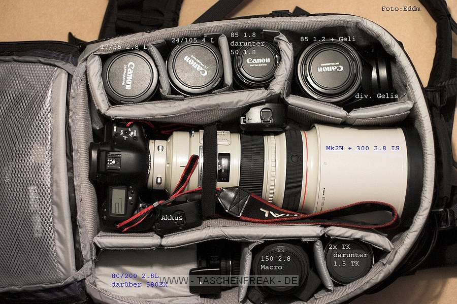 Lowepro PhotoTrekker II AW\n\nFoto von Felix Klaeber - VIELEN DANK!\n\nKommentar des Nutzers:\n\nEs handelt sich um den "Lowepro Photo Trekker AW II", in diesen passt alles auf dem Bild gezeigte sowie ein nicht abgebildetes Speedlite 580EX. Der Rucksack hat ein geniales Tragesystem und eignet sich ausgezeichnet zum Transport und zur Aufbewahrung des Equipments. Die gewohnte Lowepro Qualitt berzeugt in allen Aspekten, von der Materialverarbeitung bis zum obligatorischen All-Weather-cover, einziges Manko dieser Tasche ist ihr recht hohes Eigengewicht.\n----\n\nBeste Gre und ein dickes Lob fr Dein Engagement auf der Seite!\n\nFelix Klaeber