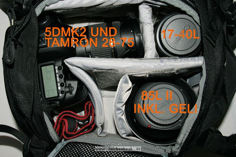 LOWEPRO PRIMUS MINIMUS\n\nFoto und Text von HSR-FOTO.de - VIELEN DANK!\n\nKommentar:\n\nHallo,\n \nich glaube der Primus Minimus von Lowepro fehlt noch in der Sammlung. Hier noch meine Eindrücke:\n \nWichtig war mir ein Rucksack, der auch für längere Touren gut geeignet ist und Platz für die Nicht-Foto-Ausrüstung bietet. Hierfür scheint der Lowepro Primus Minimus ideal zu sein: Relativ leicht, "klein", viel sinnvoller Platz und ein Stativ passt auch noch ran (wird außen mit Zurriemen befestigt). Leider passt beim Primus Minimus meine 5Dmk2 eher schlecht durch die Seitenöffnung. Aber sie passt. Als Schnellzugriff kann dies dann allerdings nicht mehr bezeichnen. Es ist eben etwas hakelig. Die 400D meiner Freundin passt hingegen sehr gut durch. Ich den nächsten Tagen kommt noch der normale Primus AW. Dann kann ich vergleichen, ob der Seitenzugriff besser mit der 5D zu nutzen ist. Erwähnen möchte ihc noch, dass das Obere Fach von hinten zu erreichen ist und für den Zugriff die "Unterstützungsgurte" für die Schultergurte geöffnet werden müssen.  Langfinger könnten leichtes Spiel haben, wegen des sehr langen Stiels am Reißverschluss für das Seitenfach. Hier werde ich mir noch etwas passendes für die Stadt überlegen.  Im oberen Fach haben locker mein 430EX und ein 70-200L platz und es ist immer noch Luft für beispielsweise einen dünnen Pulli oder eine Brotdose. Die Jacke kann man bequem quer im aufliegenden Fach transportieren.\nWenn man den Rucksack mit meiner Ausrüstung (5Dmk2, 17-40L, 85L, 28-75, 430EX und 70-200L4) trägt, sollte man den Spanngurt über den Schultergurten kräftig anziehen, den verschiebbaren Klipp zwischen den Schultergurten schließen. Allein hierdurch werden die Schultern merklich entlastet. Wird nun noch der Beckengurt geschlossen, kann man schön lang wandern/bummeln/wasauchimmer und bekommt keine Rückenschmerzen. Auf längeren Touren ist mein Tamrac Velocity 9x hier sehr unbequem, dafür aber sehr schnell zu nutzen.\n \nGruß,\nHSR-FOTO.de