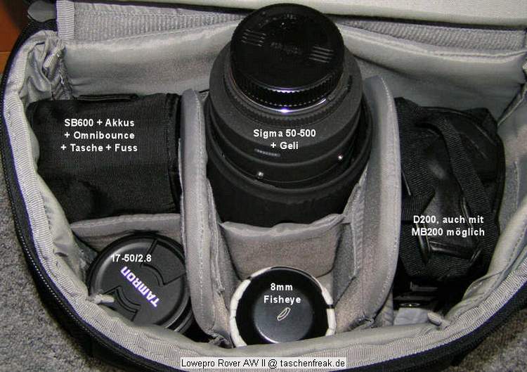 Foto von Daniel (User Shadowzone im DSLR-Forum) - Vielen Dank dafr !\n\nKommentar des Nutzers:\n\nHallo,\n\nich htte hier ein Beispiel, wie man einen Lowepro Rover AWII vollpacken kann, in 2 varianten\n\nwie man sieht, passt sogar ein Sigma 50-500 rein! ;)\n\nbin brigens im DSLR-Forum als "shadowzone" unterwegs, sollte das relevant sein :)\n\nhoffe ihr knnt das gebrauchen!\n\n\nlg,\nDaniel