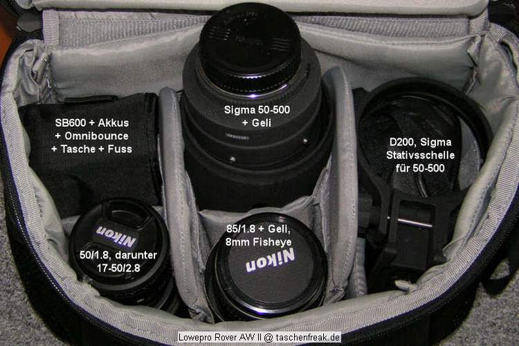 Foto von Daniel (User Shadowzone im DSLR-Forum) - Vielen Dank dafr !\n\nKommentar des Nutzers:\n\nHallo,\n\nich htte hier ein Beispiel, wie man einen Lowepro Rover AWII vollpacken kann, in 2 varianten\n\nwie man sieht, passt sogar ein Sigma 50-500 rein! ;)\n\nbin brigens im DSLR-Forum als "shadowzone" unterwegs, sollte das relevant sein :)\n\nhoffe ihr knnt das gebrauchen!\n\n\nlg,\nDaniel
