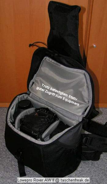 Foto von Daniel (User Shadowzone im DSLR-Forum) - Vielen Dank dafr !\n\nKommentar des Nutzers:\n\nHallo,\n\nich htte hier ein Beispiel, wie man einen Lowepro Rover AWII vollpacken kann, in 2 varianten\n\nwie man sieht, passt sogar ein Sigma 50-500 rein! ;)\n\nbin brigens im DSLR-Forum als "shadowzone" unterwegs, sollte das relevant sein :)\n\nhoffe ihr knnt das gebrauchen!\n\n\nlg,\nDaniel