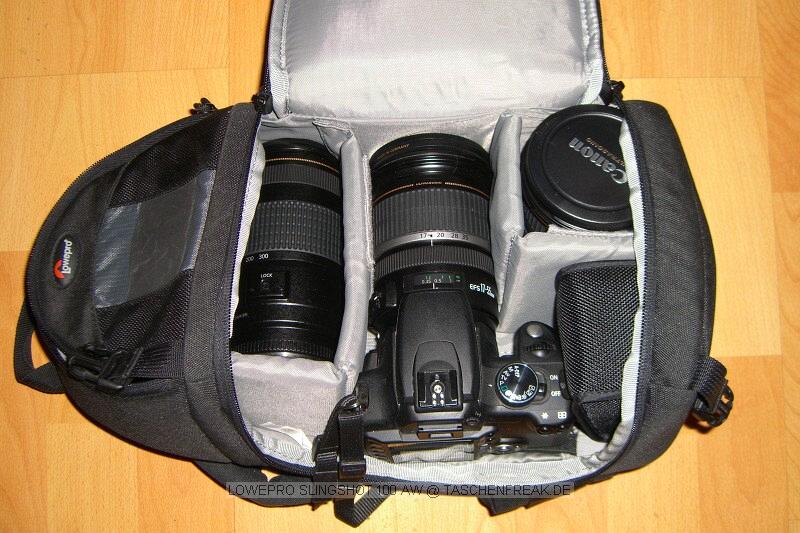 LOWEPRO SLINGSHOT 100 AW\n\nFoto von Jrg Bergmann - VIELEN DANK!\n\nKommentar des Nutzers:\n\nie Lowe Pro Sling Shot 100 AW ist sehr kompakt dennoch gro genug fr meine komplette DSLR Ausrstung mit Zubehr, Stativ, Blitz und 3 Objektiven. \nMeine Packliste fr die Slingshot 100 AW:\n\nEOS 350D, bei Bedarf auch mit BG-E3 \nEFS 17-55/2,8 \nEFS 10-22/3,5-4,5 \nEF 70-300/4-5,6 IS\nSpeedlite 220 EX\nManfrotto 785 B Stativ\nPolfilter\nGraufilter\nSonnenblenden\nAkkus\nFernauslser\n\nJ.Bergmann