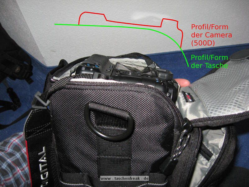 LOWEPRO - TOP LOADER ZOOM AW\n\nFoto von Peter Albrecht - VIELEN DANK!\n\nKommentar:\n\n- gekauft Januar 2009 (scheint auch berarbeitete Version zu sein gegenber dem Model, welches auch auf taschenfreak gezeigt wird)\n  neu: - Reisverschlu innen im Deckel hat jetzt eine Schutzkappe (Bild 06)\n       - SlipLock auf beiden Seiten (Bilder 02 und 04)\n\n- Beigaben:\n  - Schultergurt (Bild 05)\n  - Chest Harness (4 Kunststoffhaken) (Bild 05)\n      - Chest Harness, den man als extra Zubehr erwerben kann hat fr die oberen Ringe zwei Metallhaken\n      - Gurte lassen sich schnell und einfach verstellen\n      - keine Anleitung => erst mal experimentieren, aber man kriegs relativ schnell hin\n  - klitzekleine Anleitung fr die Tasche selbst (englisch / franzsisch / kein Deutsch)\n  - Werbeschild 30 Jahre Lowepro (ist dann wohl schon etwas lter) (Bild 01)\n\n- Innenraum mit 4 Trennern veriabel gestaltbar (Bilder 05, 07, 08 und 09)\n- beim 18-55mm Objektiv kann man problemlos das Ladegert fr die Akkus unter einem doppelten Boden verstauen (Bild 09)\n- die zwei groen Trenner haben noch seitliche Taschen fr Kleinzeugs (z.B. Akkus) (Bilder 05 und 08)\n- Zwei SlipLock Schlaufen (je eine links und rechts) (Bilder 02 und 04)\n- die oberen zwei Ringe zur Befestigung des Tragesystems sind aus Metall, die unteren aus Kunststoff, aber die sind ja nicht so wichtig.\n\n- Was geht rein?\n  - Canon 500D mit Batteriegriff und Tragegurt (Bild 06)\n  - Speedlite 430 EX II + Ersatzakkus + Zweitakku fr Camera (Bild 08)\n  - Ladegert (Bild 09)\n  - Zettel und Speicherkarte (Bild 10)\n  - Anleitungen fr Speedlite und 500D, Stifte, Taschenlampe (Bild 11)\n  - Mignon-Halter fr den Batteriegriff - aber UNGEPOLSTERT! (Bild 12)\n\n\n- All-Weather-Cover (AWC): (Bilder 13 - 16)\n  - Ringe und Gurtschlaufe fr Tragesysteme bleiben frei\n  - Deckel, Fronttasche, Seitentasche sind eingepackt (kein Zugang)\n  - SlipLock auch bei AWC verwendbar\n  - Tragsystem mu vor dem Aufziehen des AWC nicht entfernt werden\n  - Seite am Krper und die Hlfte der linken/rechten Seite (Sliplock) bleiben frei\n  - AWC ber langes Band fest mit Tasche vernht -> kein Verlieren\n\nNegativ:\n- Toploader-Deckel (geschwungen) pat zur Kamera-Form (eher flach) (Bild 17)\n- Blitznase spreitzt sich beim Einlegen an Klettverschlubasis (mit der Zeit lernt man aber, wie mans gut rein bringt)\n- Klettverschlu fr Innenraumteiler aufgenht -> sieht nicht so toll aus und man kann beim Einpacken daran hngen bleiben (EOS 500D) (Bilder 07 und 08)\n- Im Vergleich zum Toploader Pro 70 AW hat der Zoom AW eher ein Plastik-Feeling (besonders die Tasche im Deckel) (Bild 09)\n- Fronttasche garnicht gepolstert -> keine empfindlichen Sachen verstauen\n - im oberen Teil ist das AWC zwischen Tascheninhalt und auen (Bild 11)\n - unten gibts nur ein ungepolstertes Stck Stoff, den Mignon-Halter fr den Batteriegriff sollte man da NICHT transportiern (Bild 12)