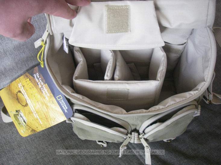 NATIONAL GEOGRAPHIC NG-2345\n\nFoto von Stefan W aus Halle - Vielen Dank!\n\nKommentar des Nutzers:\n\nMittelgroe Schultertasche im Safari-Look\n\nGute Verarbeitung, der Gurt ist relativ hart, die Polsterung an diesem starr.\n\nDie Polsterung innen ist herausnehmbar und der Boden umklappbar, so dass die Tasche auch fr andere Zwecke benutzbar wird. \n\nDas Hauptfach kann durch einen Regenschutz via Reiverschluss verschlossen werden. Dieser kann auch zusammengerollt werden, so dass ein schneller Zugriff auf die Kamera mglich ist.\n\nGru\n\nStefan W. aus Halle