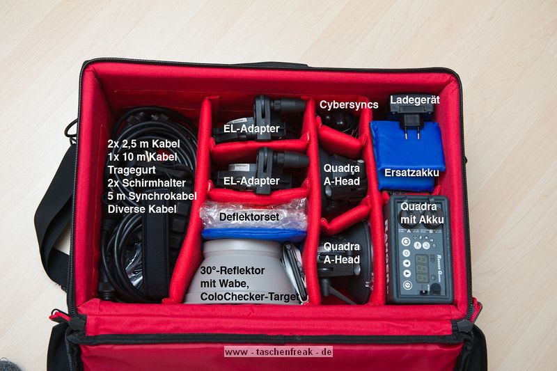 PHOTOFLEX TRANSPAC DIGITAL MEDIA\n\nFoto uns Text von Jan Trschel - VIELEN DANK!\n\nKommentar:\n\nHallo Jrg,\n\nAnbei habe ich noch zwei weitere Beitrge fr die Taschenfreak-Seite\n\nPhotoflex Transpac Digital Media\n\nIn diesem Koffer bewahre ich meinen Elinchrom Ranger Quadra auf, es passt alles wunderbar rein. Der Koffer ist sehr stabil und erfllt sogar die Handgepckmae vieler Fluggesellschaften. Im Lieferumfang ist auch eine Klappe, die die Einteilungen abdeckt und somit noch Platz fr ein Notebook oder Faltreflektoren bietet. Um den Quadra mit angesetzem Akku transportieren zu knnen habe ich diesen entfernt.\nEinziger Nachteil des Koffer ist, dass zu wenige Einteiler mitgeliefert werden. Ich habe mir zustzlich mit den Einteilern einer Mekko-Kamertasche ausgeholfen (blau).\n\n\nMit freundlichen Gren,\n\nJan Trschel\n\nPhotographie // Print // Webdesign // www.jantroeschel.de