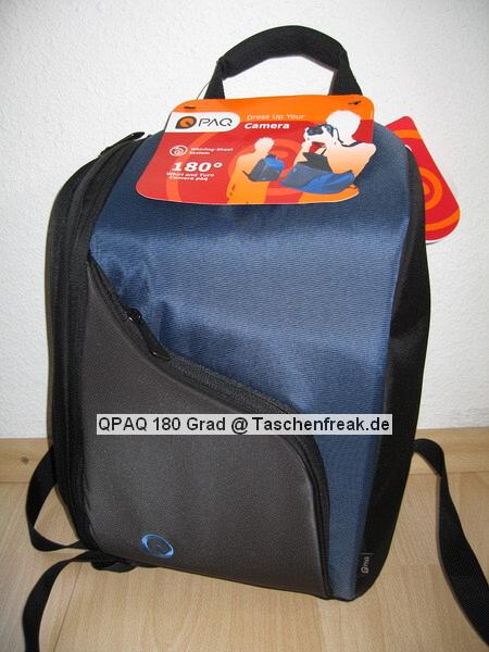 QPAQ 180 Grad\n\nFoto von Rainer Kembgler - VIELEN DANK FR DEIN MAIL!\n\nKommentar des Nutzers:\n\nHallo Jrg\n \nAnbei die Bilder meiner Qpaq Tasche aus dem Mediamarkt. \nHier noch ein paar Fakten zur Tasche:\n \n	Modellname ist mir nicht bekannt.\n	Preis 49,90 Euro\n	Innenmae: 220 x 110 x 300mm (trotzdem geht eine 400D mit BG noch gut rein)\n	Gewicht ca. 600g\n	Farbe: wie im Bild (blau/ schwarz/ grau oder nur schwarz/schwarz /grau)\n	weitere Modelle unter www.paqgroup.com\nGre aus dem sonnigen Nordschwarzwald\n \nRainer Kembgler alias onki