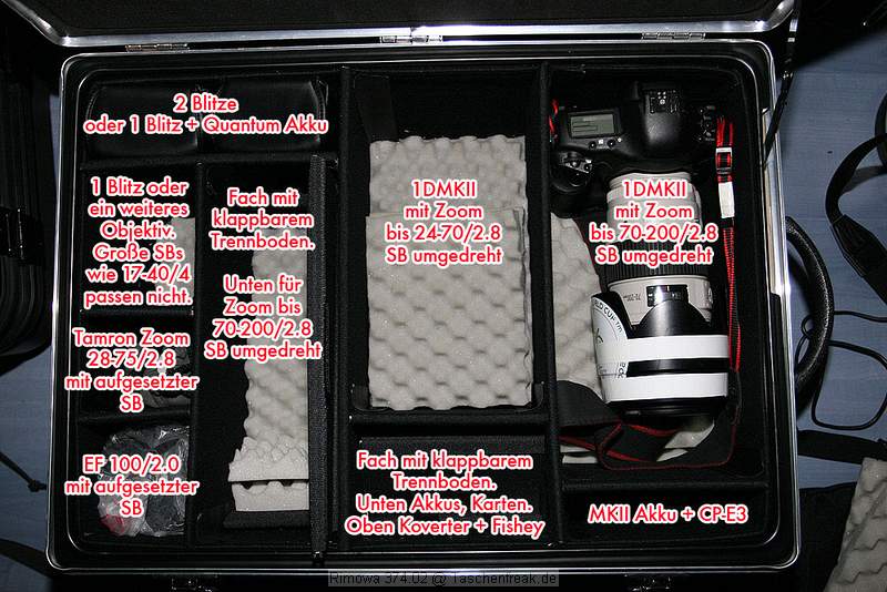 Rimowa 374.02\n\nFoto von einem netten User der namentlich hier nicht genannt werden mchte.\n\nKommentar des Nutzers:\nanbei erhlst du die Fotos mit mglicher Packliste. Da die Innenwnde als Bausatz dabei gibt, kann sich beliebig die Innenraumeinteilung selbst gestalten. Der graue Noppenschaumstoff ist nicht im Lieferumfang. Den hab ich mir zur Sicherheit noch da reingelegt.  \nHatte nochwas ausm Musikstudio brig.