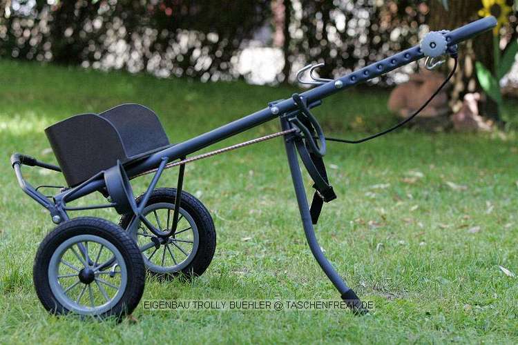 EIGENBAU TROLLY\n\nFoto von Frank Bhler - VIELEN DANK FR DEINE MAILS!\n\nKommentar des Nutzers:\n\nNach dem die Suche nach einer fertigen Lsung erfolglos war habe ich mir meinen Trolly selbst gebaut. \n\n# groe Rder mit Luftbereifung (stammen von einem Kinderwagen).\n\n# der Lowepro Foro Trekker wird einfach angehngt, sttzt sich in einer Wanne (war mal ein Hydrokultur-Blumentopf) und sitzt "bombenfest".\n\n# darber kann eine Lowepro Reporter 200 montiert werden \n\n# sollte der Stauraum noch immer nicht reichen ...einfach die LensCase an der Tasche anbringen.\n\n# das Stativ braucht natrlich auch seinen Platz. Um es mglichst schnell griffbereit zu haben wird's nur eingehngt.\n\n# Auch die dicke Linse sollte schnell zur Hand sein (einen Sicheren Platz soll sie aber auch haben...damit ihr nix passiert :O)\n\n# Damit das Ding auch in den Kofferaum pat ist der "Fu" klappbar.\n\n# Um Dinge auch leicht und sicher aus dem Rucksack holen zu knnen, ohne da Gefahr besteht, da was auf den Boden kullert (schne L-Linsen oder so was :O) gibt es eine weitere Sttze. Durch eine "Reisleine" etwas "automatisiert".\n\n...was meint Ihr zu dem Ding?\n\nMfG\nFrank