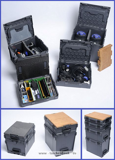 SORTIMO - L-BOXX\n\nFoto und Text von User Thomas aka TimeLiner - VIELEN DANK!\n\nKommentar:\n\nHallo J�rg,\n\nhier mal ein paar Bilder von den Sortimo L-Boxx'n sind zwar keine original Fototaschen aber ich denke sehr gut geeignet f�r Ausr�stung und deren sicheren Transport.\n\nWas im Moment noch fehlt sind die Facheinteilungen, da mu� ich mal schauen ob es was original gibt oder ob ich selber basteln mu�\n\nWeitere Infos zu den Boxen unter www.L-Boxx.de\n\nGru� \n\nThomas aka TimeLiner\n\nwww.TimeLiner.eu