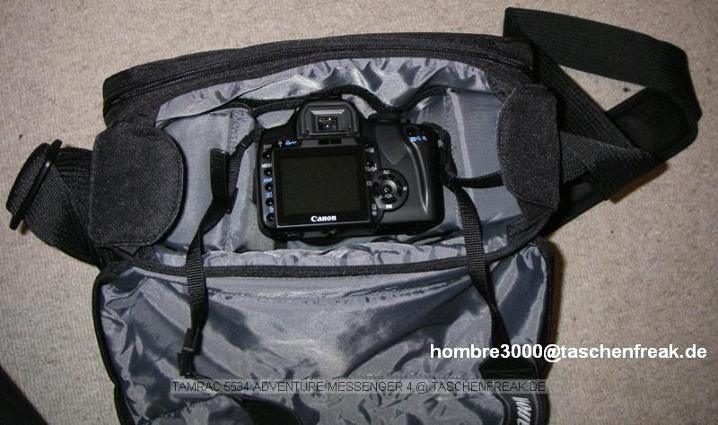 Tamrac 5534 - Adventure Messenger 4\n\nFoto von User Hombre3000 - Danke für Dein Mail.\n\nKommentar des Nutzers:\n\n•  Aussenmasse: 340 x 150 x 250mm\n•  Farbe: grau/schwarz\n•  Gewicht: 730g\n•  Innenmasse: 280 x 100 x 230mm\n\nIn der Tasche habe ich untergebracht:\n\n-	Canon EOS 400D mit Kit Obkejtiv 18-55mm\n-	Tamron 28-200mm \n-	Kleine Kompakte Digitalkamera: Pentax Optio\n-	Canon und Pentax Ladegerät\n-	Etliches Zubehör wie: USB Kabel,  etliche SD und CF Karten, DeusEx Blasebalg, Lenspen und weiter Kleinigkeiten.\n\n\nEs ist noch ausreichen Platz für ein Handy oder kleinen Imagetank im Seitenfach.\nDes Weiteren würde man ohne Probleme noch ein 3tes kleines Objektiv wie z.B. die Kit Linse, unterbringen.\n\nDie Tasche wirkt recht sportlich und schaut nicht aus wie eine normale Fototasche.\nEine gute Polsterung ist ebenfalls vorhanden.\n\nDer Preis von 40€ ist meiner Meinung nach für dieses Modell angemessen und keineswegs zu teuer.\nDie Tasche bekommt eine ganz klare Kaufempfehlung.