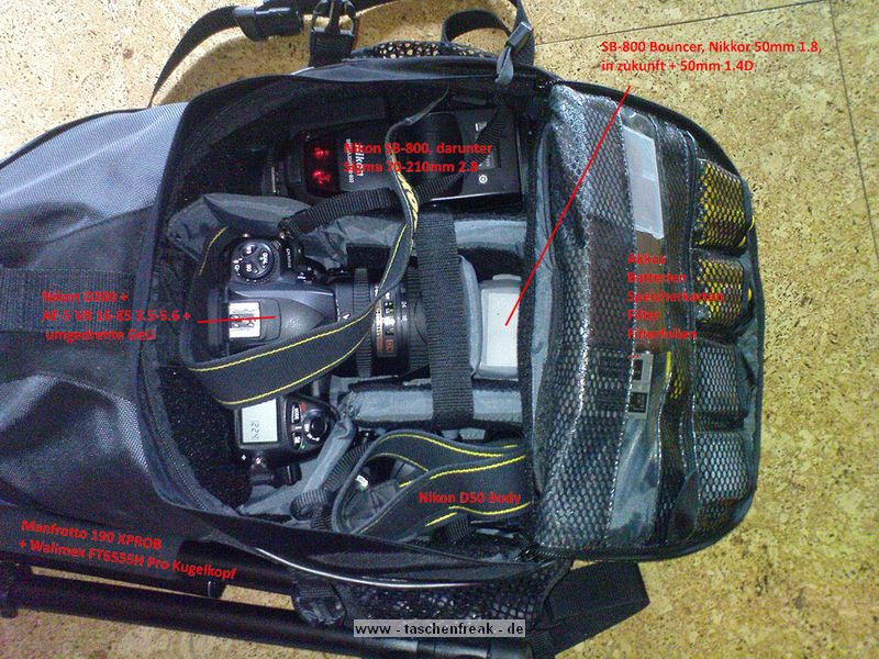 TAMRAC 5549 ADVENTURE 9\n\nFoto von Jonas Schneider - VIELEN DANK!\n\nKommentar:\n\nHallo,\n\nich mchte gerne noch ein Bild zum Tamrac Adventure 9 einsenden.\nAuf dem Bild ist der Rucksack mit folgendem bepackt (von (auf dem Bild\ngesehen) Oben nach Unten:\nNikon SB-800, darunter Sigma 70-210mm 2.8 APO Nikon D200 mit MB-D200, angesetztem AF-S VR 16-85 3.5-5.6 und umgedrehter GeLi, rechts daneben Nikkor 50mm 1.4D, 50mm 1.8, Bouncer fr SB-800 Nikon D50 Body. In der Netz-Aussentasche Manfrotto 190XPROB + Walimex FT6555H Pro Kugelkopf. In der Vortasche das bliche Zubehr wie Filter, Akkus, Batterien,\nFilter(-Folien) etc.\n\nMit freundlichen Gren.