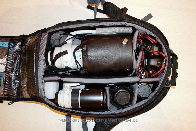 Tamrac Expedition 8 - 5578\n\nFoto von einem netten Anonymen User - DANKE DAFR !\n\nKommentar des Nutzers:\n\nIch habe Dir schon einmal ein paar Bilder vom Tamrac 8875 fr deine Seite zugesendet.\n\nNun habe ich Dir im Anhang noch ein Bild zur Ergnzung. Selbst das 400 2.8 IS passt in den Rucksack.