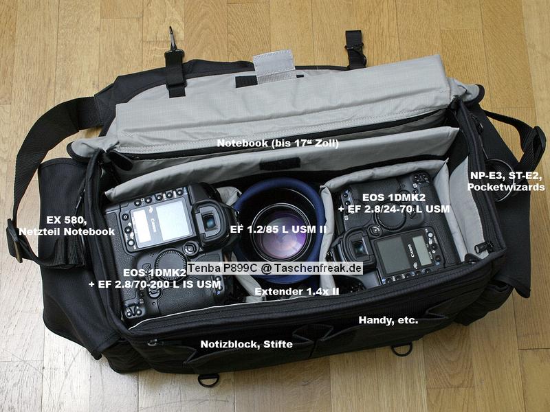 Tenba P889C \n\nFoto von Peter Wafzig - Herzlichen Dank fr Deinen Bericht.\n\nKommentar des Nutzers:\n\nHi zusammen,\n\nnachdem ich nun doch noch einen Lieferanten fr die Tenba P899c gefunden habe, hier ein paar Erfahrungen und Bilder. Tenba scheint nicht so wirklich bekannt zu sein, ich kenne kaum einen Ladenhndler, der sie vorrtig hat, deshalb hier mal ein kurzer berblick.\n\nZunchst mal der Grund, warum ich nun doch keine Domke genommen habe: Die Tenba hat ein Laptopfach, einen Deckel zum Durchgreifen und einen kompletten Regenschutz. Das sind drei Features, die eine Domke leider nicht zu bieten hat. Zudem ist sie etwas gnstiger als die vregleichbare Domke F7.\n\n1.) Die Tasche ist 28cm hoch, das heisst, man kann eine EOS 1DMKII mit angesetztem 2.8/70-200 L IS USM komplett kopfber unterbringen. Damit hat man schon mal einen deutlichen Platzvorteil im Gegensatz zu anderen Taschen.\n\n2.) Die Seitenteile sind rundherum mit einem festen Schaummaterial ausgekleidet, das man ber Reiverschlsse herausnehmen kann. Ich habe es auf der Innenseite entfernt, damit sitzt die P899c optimal an der Hfte, selbst im Laufen schlackert sie nicht durch die Gegend.\n\n3.) + 4.) In die Seitenfcher geht auch nochmal einiges rein, fr einen 1er-Body langt es nicht, aber eine 20er/30er/5er ohne BG passt. Ansonsten eben einiges an Zubehr.\n\n5.) Der Durchgriff von oben: Im Prinzip braucht man den Deckel nicht ffnen, denn man erreicht alles durch den Deckel. Sehr praktisch und schnell.\n\n6.) Die Tasche von oben: Nicht so originell wie eine Crumpler, aber dafr deutlich mehr Platz und durch den breiten, gummierten Tragegurt super zu tragen.\n\nAuf den oberen Bilder sind die Inserts zu sehen, diese sind normalerweise mit Einstzen versehen, die ich herausgetrennt habe, da ich immer 2 Bodies mit angesetztem Objektiv transportiere. Fr die Linse(n) zwischen den Inserts benutze ich Neopren-Einschlagtcher, die nicht so dick auftragen wie Inserts oder Lens Cases.\n\nGreets,\nPeter.