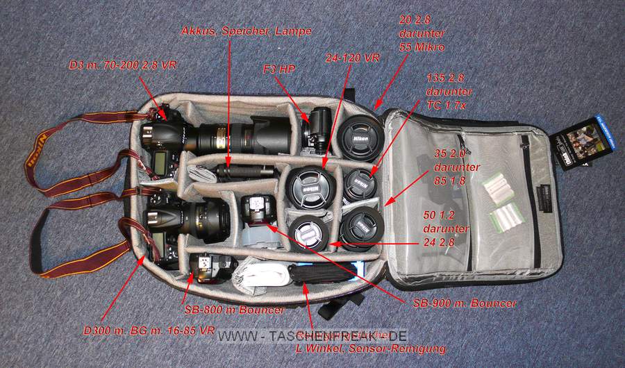 THINK TANK PHOTO - AIRPORT ACCELERATION V 2.0\n\nFoto und Text von Jörg Langer - www.taschenfreak.de\n\nKommentar:\n\nThink Tank Photo hat die nächste Runde eingeleutet. Viele Airport FotoRucksäcke sind nun in der V2 erhältlich.\n\nWas ist anders? Was ist neu?\n\nIm wesentlichen ist es die Fronttasche. Während diese bislang aus weichem dehnbaren Stoff war sowie oben offen so ist diese nun aus sehr widerstandsfähigem Stoffmaterial gefertigt und hat eine Deckelklappe. Diese verhindert zwar nicht das Rausfallen kleiner Teile aber es rutscht nicht mehr das Notebook heraus oder die Regenjacke und die Getränkeflaschen.\n\nDie Tasche ist geräumiger als zuvor und der Rucksack sieht trotz gefüllter Fronttasche nicht mehr so "vollgepackt" aus.\n\nMeines Erachtens eine sehr gelungene Weiterentwicklung eines ohnehin sehr effizienten und gut durchdachten Fotorucksacks.\n\nIm Vergleich ist er auf einigen Bildern dem Lowepro Computrekker Plus AW gegenübergestellt.\n\nDas Ladevolumen ist beim Think Tank Airport Acceleration V 2.0 etwas höher durch die bessere Innennutzung da der Rucksack nicht unnötig Volumen durch Runden und überdicke Polsterung verliert.\n\nDas Tragegefühl ist bei beiden gleichwertig auf einem guten und brauchbaren Level. \n\nKameras mit Batteriegriff oder professionelle Kameras wie Canon 1er Serie oder Nikon D2 / D3 finden hier bequem 2 nebeneinander Platz ohne das man extrem feste drücken oder schieben muss. Das ist bei den meisten Lowepro Modellen so nicht möglich oder nur mit massiven Umbaumassnahmen des Inneren.\n\nDer Beckengrut ist abnehmbar. Wenn er "dran" ist, ist er sehr funktional und nimmt das Gewicht auf den Hüften/Becken auf und entlastet die Schultern deutlich. Das gesammte Tragegeschirr ist hinter einem Klettteil am Rücken zu verstecken was das Handling im Flieger und beim Checkin deutlich einfacher macht, denn wer kennt das nicht wie "schön" man mit den Tragegurten am der Lehne des Sitzes hängen bleibt während man gerade schwungvoll die "echten" 8 Kilo Handgepäck die einem wie 19 Kilo vorkommen nach oben schwingt um das gute Stück im Kofferfach des Fliegers zu verstauen.\n\nZum Lieferumfang gehören:\n- Rucksack\n- abnehmbarer Hüftgurt\n- Notebook Tasche - bis 17" Macbook Pro\n- Stativhalterung für 3-Bein und 1-Bein\n- Regenschutzhülle\n- Stahlseil mit Zahlenschloss\n\nAlles in allem - GOOD JOB für Think Tank Photo!!!!\n\nLiebe Grüße - Euer Taschenfreak - Jörg