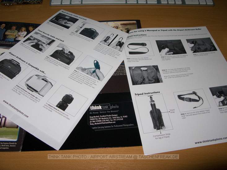 THINK TANK PHOTO - AIRPORT AIRSTREAM\n\nFoto und Text - Jrg Langer - www.taschenfreak.de\n\nKommentar des Nutzers:\n\nDer Airport Airstream ist ein Trolly aus der neuesten Serie von Think Tank (Stand Mrz 2008).\n\nEine bestens ausgestattete Trolly und Tasche in einem "Gert".\n\nLieferumfang:\n- Trolly\n- Stahlseil im Rcken des Trollys zum sichern des Trollys an anderen Gegenstnden und Gelndern\n- Stativhalterung\n- Regenschutzhlle\n- extrem viel Innenleben / Inneneinteilungen\n- kleines Stahlseil in der Front zum sichern der Notebookschutztasche\n- Infomappe zum Trolly mit BestInClass Erklrungen zu allen Details\n- Metallschild mit Seriennummer zur Registrierung beim Hersteller\n- Flughafentaugliches Schloss am Trolly befestigt fr den Hauptreissverschluss\n\nVerarbeitung:\nIch wiederhole mich bei Think Tank Photo Artikeln sicher wie ein "Bettelprediger", aber es gibt keine bessere Taschenverarbeitung als bei Think Tank Photo. Professionelle Reisverschlsse, stabile aber nicht zu dicke Inneneinteilungen die auch massiv halten und nicht "hin und herschaukeln"\nReichlich Inneneinteilungen fr wirklich alle denkbaren Ausrstungskombinationen\nSehr hoch ausziehbarer Trollygriff, der auch 2m hohen Menschen Spa macht beim hinterherziehen.\nInnentaschen im Deckel sehr hochwertig verarbeitet. Stabiler aber nicht "hrter" als bei Wettbewerbsprodukten.\nAuch an der Unterseite ist ein flacher Griff - so kann man den Trolly bestens in das Flugzeuggepckfach oder in den Kofferraum heben mit beiden Hnden.\n\nEinziges Manko:\nEs fehlt ein Umhngegurt. Wenn man nicht im "Trollymodus" ist muss man die Tasche an einer der beiden sehr gut gepolsterten Griffe tragen wie eine Tasche/Koffer und kann diese nicht "schultern"\n\nFazit: SEHR GUT UND ABSOLUT EMPFEHLENSWERT !!!!
