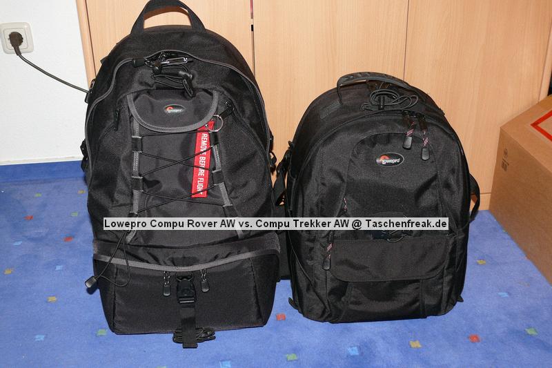 Lowepro Compu Trekker AW vs. Lowepro Compu Rover AW\n\nFoto von Jörg Langer - www.taschenfreak.de\n\nKommentar des Nutzers:\n\nHier sieht man im Vergleich zueinander die beiden Compu Modelle von Lowepro.\n\nBeide ragen in etwa das selbe an Fotoequipment. Beide haben ein Notebookdach am Rücken des Rucksacks, der beim Compu Rover etwas größer ist als beim Compu Trekker.\n\nDas Daypackfach beim Compu Rover ist deutlich größer als das Frontfach des Compu Trekkers udn ist für Tagestouren perfekt nutzbar.\n\nDie Stativtragevorrichtung ist bei beiden Modellen nahezu identich und sehr gut funktionierend.\n\nDas Tragesystem ist beim Compu Rover wesentlich besser und auch für größere und "breitere" Menschen deutlich bequemer als das des Compu Trekkers AW, wobei dieses auch gut mit den satten 10-15 Kilo gut umgehen kann.