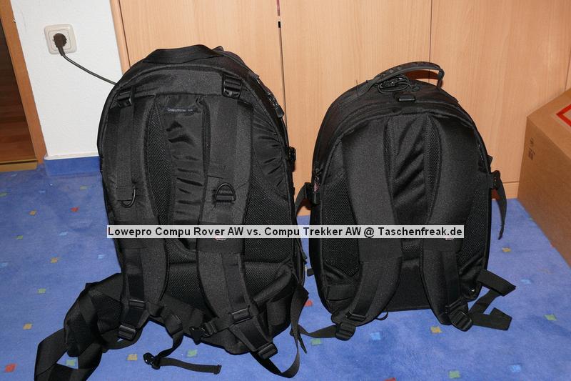 Lowepro Compu Trekker AW vs. Lowepro Compu Rover AW\n\nFoto von Jrg Langer - www.taschenfreak.de\n\nKommentar des Nutzers:\n\nHier sieht man im Vergleich zueinander die beiden Compu Modelle von Lowepro.\n\nBeide ragen in etwa das selbe an Fotoequipment. Beide haben ein Notebookdach am Rcken des Rucksacks, der beim Compu Rover etwas grer ist als beim Compu Trekker.\n\nDas Daypackfach beim Compu Rover ist deutlich grer als das Frontfach des Compu Trekkers udn ist fr Tagestouren perfekt nutzbar.\n\nDie Stativtragevorrichtung ist bei beiden Modellen nahezu identich und sehr gut funktionierend.\n\nDas Tragesystem ist beim Compu Rover wesentlich besser und auch fr grere und "breitere" Menschen deutlich bequemer als das des Compu Trekkers AW, wobei dieses auch gut mit den satten 10-15 Kilo gut umgehen kann.