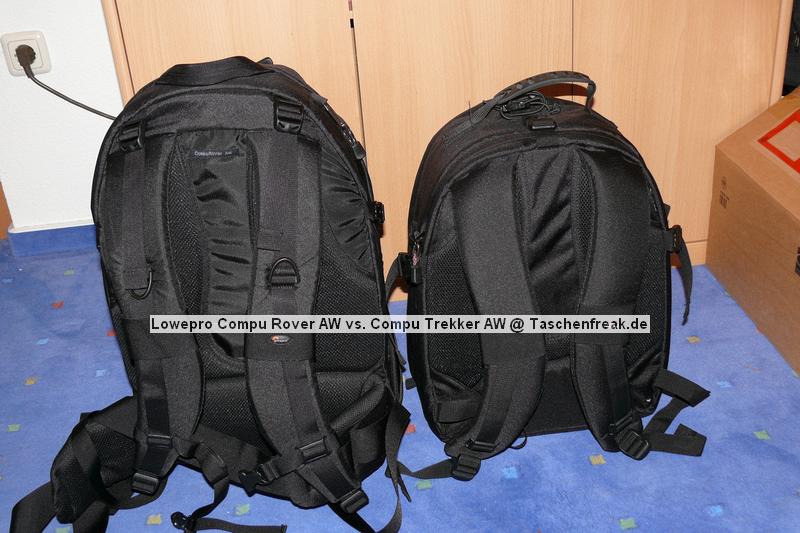 Lowepro Compu Trekker AW vs. Lowepro Compu Rover AW\n\nFoto von Jörg Langer - www.taschenfreak.de\n\nKommentar des Nutzers:\n\nHier sieht man im Vergleich zueinander die beiden Compu Modelle von Lowepro.\n\nBeide ragen in etwa das selbe an Fotoequipment. Beide haben ein Notebookdach am Rücken des Rucksacks, der beim Compu Rover etwas größer ist als beim Compu Trekker.\n\nDas Daypackfach beim Compu Rover ist deutlich größer als das Frontfach des Compu Trekkers udn ist für Tagestouren perfekt nutzbar.\n\nDie Stativtragevorrichtung ist bei beiden Modellen nahezu identich und sehr gut funktionierend.\n\nDas Tragesystem ist beim Compu Rover wesentlich besser und auch für größere und "breitere" Menschen deutlich bequemer als das des Compu Trekkers AW, wobei dieses auch gut mit den satten 10-15 Kilo gut umgehen kann.