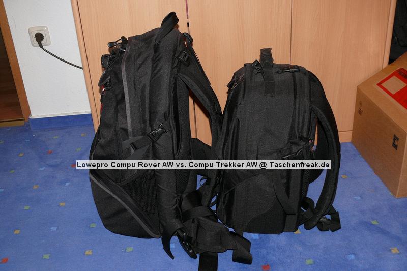 Lowepro Compu Trekker AW vs. Lowepro Compu Rover AW\n\nFoto von Jrg Langer - www.taschenfreak.de\n\nKommentar des Nutzers:\n\nHier sieht man im Vergleich zueinander die beiden Compu Modelle von Lowepro.\n\nBeide ragen in etwa das selbe an Fotoequipment. Beide haben ein Notebookdach am Rcken des Rucksacks, der beim Compu Rover etwas grer ist als beim Compu Trekker.\n\nDas Daypackfach beim Compu Rover ist deutlich grer als das Frontfach des Compu Trekkers udn ist fr Tagestouren perfekt nutzbar.\n\nDie Stativtragevorrichtung ist bei beiden Modellen nahezu identich und sehr gut funktionierend.\n\nDas Tragesystem ist beim Compu Rover wesentlich besser und auch fr grere und "breitere" Menschen deutlich bequemer als das des Compu Trekkers AW, wobei dieses auch gut mit den satten 10-15 Kilo gut umgehen kann.