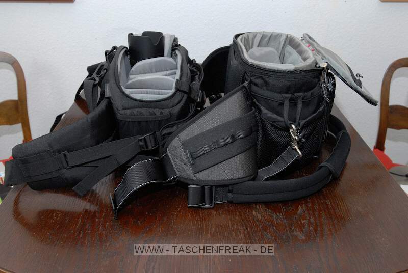 LOWEPRO INVERSE 200 AW vs. THINK TANK PHOTO SPEED FREAK\n\nFoto und Text von Oliver Biederbeck - VIELEN DANK!\n\nKommentar:\n\nVergleich zwischen einer Lowepro Inverse 200 AW (links) und einer Think Tank Photo Speed Freak. Einer der Gründe für den deutlich höheren Preis der Speed Freak ist hier bei den Metallkarabinern und Ösen erkennbar.\nIn der Inverse steckt ein Nikkor 70-300mm mit aufgesetzter Sonnenblende.. Während sich hier der Reißverschluss nicht mehr schließen lassen würde, kann die Speed Freak das Objektiv problemlos einpacken. Ohne Sonnenblende auch angesetzt an der Kamera.