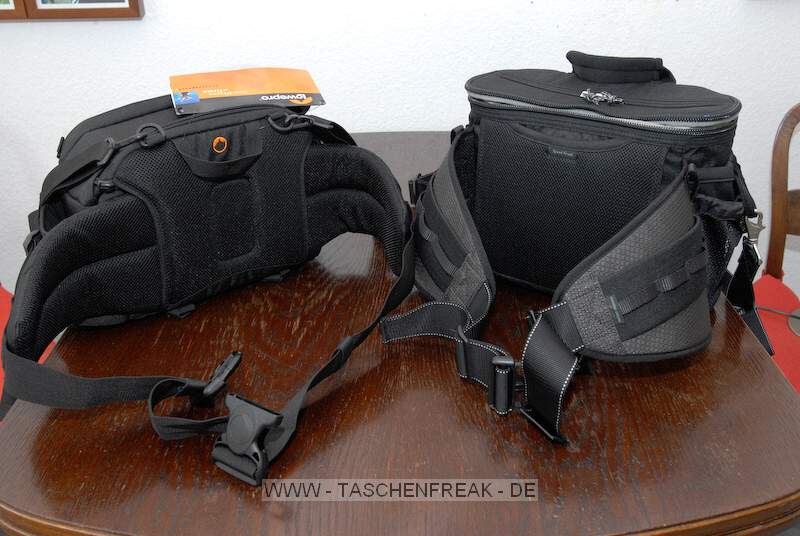 LOWEPRO INVERSE 200 AW vs. THINK TANK PHOTO SPEED FREAK\n\nFoto und Text von Oliver Biederbeck - VIELEN DANK!\n\nKommentar:\n\nVergleich zwischen einer Lowepro Inverse 200 AW (links)und einer Think Tank Photo Speed Freak. Der Gurt der Lowepro ist dicker, dafr aber weniger breit. Rein subjektiv empfinde ich den breiteren Gurt als bequemer. Die Speed Freak lsst auerdem mehr Optionen fr Zubehr.