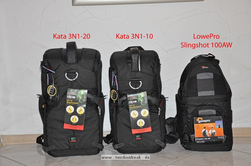 VERGLEICHSBILDER\nLowepro Slingshot 100 AW vs. Kata 3N1-20 vs. Kata 3N1-10\n\nFoto und Text von Thorsten Warsch - VIELEN DANK!\n\nKommentar:\n\nHallo Herr Langer,\n\nanbei ein paar Bilder von diversen Taschenherstellern die ich whrend der Suche nach dem geeigneten Fotorucksack fr mich erstellt habe. Eventuell haben Sie ja Interesse an diesen Bildern (Grenvergleich).\n \nIhre Seite im Internet war mir bis jetzt eine groe Hilfe! \nVielen Dank.\n \nMit freundlichen Gren\n \nThorsten Warsch