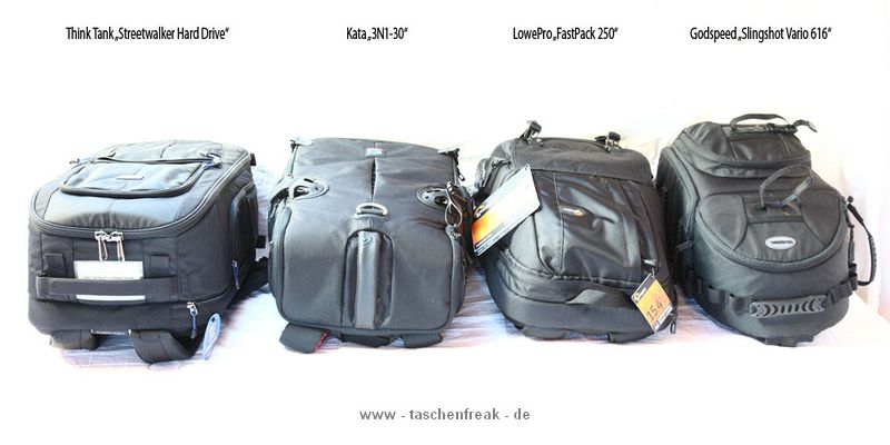 VERGLEICHSBILDER RUCKSCKE\n\nFoto uns Text von Francesco Memeo- VIELEN DANK!\n\nKommentar:\n\nHallo Jrg Langer,\n\nvorab mchte ich mich fr das Portal Taschenfreak.de sehr bedanken. Es hilft mir, wie sicherlich vielen anderen bei.\n\nUm meinen Dank auszudrcken und gleichzeitg anderen zu helfen, habe ich mich dazu entschlossen ein paar Bilder bezglich eines Taschenvergleichs zu machen.\n\nEs geht um den Vergleich einer\n\nThink Tank "Streetwalker Hard Drive"\nKata "3N1-30"\nLowepro "FastPack 250"\nGodspeed "Slingshot Vario 616"\n\nDazu habe ich dieser eMail 5 Bilder und einen Text mit subjektivem Eindruck im Vergleich beigefgt.\n\nWrde mich freuen, wenn ich namentlich erwhnt und mein Text bernommen werden knnte.\n\nDes weiteren wird noch ein Vergleich der Think Tank Digital Holster 40 vs 50 folgen.\n\nMit freundliche Gru\nFrancesco Memeo\n\n##############################################\n\nThink Tank "Streetwalker Hard Drive"\n\nDies ist der grte Kontrahent im Vergleich. Wie von Think Tank gewohnt verfgt der Streetwalker Hard Drive ber eine ausgesprochen hervorragende Fertigungsqualitt, ein technisch und fachgerecht durchdachtes Konzept mit Detaillsungen wie dem \n- entfernbaren Beckengurt, \n- dem Hhenverstellbaren Brustgurt, \n- zwei flexibel einsetzbaren und entfernbaren Tripod Gurten, \n- einer Frontasche die gleichzeitig zur Aufnahme eines Mono- wie Tripod geeignet ist, \n- einer weiteren,  ausziehbaren Tripod Tasche fr grere Tripods, \n- einer Aufnahmemglichkeit zur Anwendung des optional erhltlichen "Pro Speed Belt", \n- einem Laptopfach der ein aktuelles 15" MacBook Pro aufnimmt \n- ein sehr gutes Rain Cover bietet\n- und last but not least den so genannten Pro SLR Body Hinge" auf der Innenseite, welcher eine Auflage speziell fr DSLR Bodys mit Batteriegriff oder einer DSLR wie z.B. die Canon EOS 1D's MK III oder Nikon D3X. \n\nDie Sprlichkeit, im Vergleich zu den anderen Ruckscken fr spontane Trips sowie Sessions, nimmt ihm allerdings etwas an Attraktivitt. Er trgt etwas "dick" auf aber zeichnet ihn allerdings durch sein Platzangebot aus.\n2 Kamerabodys mit langen Objektiven finden neben weiteren Accessoires sowie Objektiven, problemlos platz.\n\nKata "3N1-30"\n\nDer 3N1-30 berzeugt durch hervorragende Fertigungsqualitt, einem sehr gut durchdachten Gurtsystem und der vorbildlich gewhlten Innenpolsterfarbe "Orange". Im unteren Fach findet Problemlos meine EOS 5D MK II mit Batteriegriff und angesetztem EF 70-200 2.8L Objektiv mit seitenverkehrter Geli platz. Zur gleichen Zeit passt das EF 24-105 4.0L mit seitenverkehrter Geli, das EF 16-35 2.8L ohne aufgesetzte Geli (recht gro im Durchmesser), das Speedlite 580EXII in originalem Holster, Canon 1.4x Extender im Kcher, die Stativschelle des 70-200 sowie die lose Geli des EF 16-35 2.8L in die untere Hlfte des 3N1-30. In Slingshotmanier (nach vorne gedrehte Tasche) lsst sich die DSLR prima entnehmen. Beim ablegen der Tasche und komplett geffnetem Reisverschluss gelangt man hervorragend die DSLR, die beiden Objektive (am unteren Boden eingerichtet), jedoch schlecht an das Speedlite, Extender & Geli im oberen Teil der unteren Tasche.\n\nDer obere Stauraum der 3N1-30 bietet noch gengend Platz fr Verpflegung, Getrnk und einen leichten Pulli oder Windbreaker.\n\nZum Lieferumfang gehrt ein hervorragendes Rain Cover in der Farbe der Polsterung.\n\nEine Aufnahme fr ein Mono- oder Tripod ist kein Standart an der 3N1-30\n\nSchade auch, dass hier nicht an ein Laptopfach gedacht wurde.\n\nLowePro "FastPack 250"\n\nVon der Grundstatur ist der FastPack 250 grer als der 3N1-30. Allerdings bietet er im untern Slingshotfach drftig Platz. Meine EOS 5D Mk II mit Batteriegriff & EF 70-200 2.8L (nur ohne Geli mglich) wirkt reingepresst und lsst den Reisverschluss nur mit Ach und Krach schlieen. Dennoch passt das EF 24-105 4.0 L, das EF 16-35 2.8L und der das Speedlite 580EXII hinein. Bei Anwendung einer DSLR mit Batteriegriff oder generell Modellen in der Baugre wie der EOS 1D's Mk III oder der Nikon D3X rate ich von diesem Modell ab. Oder man sollte das Slingshotfach entlasten, in dem man krzere Objektive aufgeschraubt lsst.\n\nIm oberen Taschenvolumen findet man mehr Platz im Vergleich zur Kata 3N1-30.\n\nMan knnte im seitlichen Netzfach ein Mono- oder Tripod befestigen. Allerdings fehlt dann am oberen Rucksackteil eine Mglichkeit diesen zu fixieren. Im Grunde ist das FastPack 250 nicht fr den Transport eines Mono- bzw. Tripod gedacht.\n\nDas Laptopfach bietet hervorragenden Platz fr mein aktuelles 15" wide MacBook Pro.\n\nGodspeed "Slingshot Vario 616"\n\nDie Slingshot Vario 616, die erfolgreiche Kopie des LowePro Models mit ausziehbaren Boden ist bekanntlich ein "Stauraumwunder". Doch bei viel Gepck neigt der Rcken nach kurzer Zeit zu verkrampfen. Die Tasche, in getragenem Zustand, hngt relativ schrg nach rechts geneigt am Rcken, sprich sie ist nicht senkrecht zur Krperachse ausgerichtet. Dies strt zum Einen die Ansehnlichkeit und zum Anderen belastet sie zustzlich, negativ die Tragbelastung der rechten Schulter.\n\nEine DSLR mit angesetztem Batteriegriff findet problemlos Platz. Allerdings passt eine solche Kombination mit angesetzte EF 70-200 2.8L nur, sofern man den Boden auszieht oder die DSLR-Kombi Quer anordnet, sprich Kamerabody am Rucksackboden mit Objektiv in Richtung Traggriff zeigend.\n\nDie Organisation im Slingshotfach lsst ein wenig zu wnschen brig. Die Klettverschlsse sind teilweise ungnstig positioniert oder nicht vorhanden. Der Innenraum knnte komplett mit weichem Klett versehen und ein paar weitere Polstertrennwnde vorhanden sein.\n\nDas ausziehbare Holster dient hervorragend zur Fixierung eines Mono- bzw. Tripods. Beides lsst sich anhand des integrierten Gurtes im Mittelstck, sowie dem mitgelieferten Expanderbandes (mit Schnalle) im oberen Taschenteil fixieren.\n\nLeider ist kein Laptopfach vorhanden.